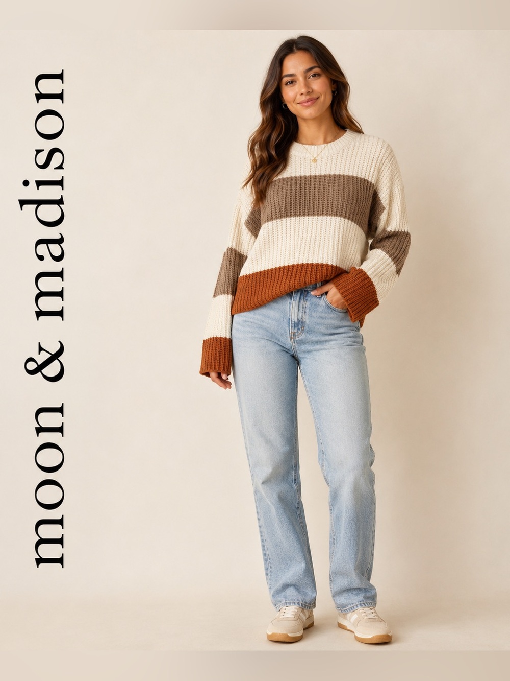 Moon & Madison Color Block Chunky Knit Sweater Women’s Medium Cream Brown Rust M